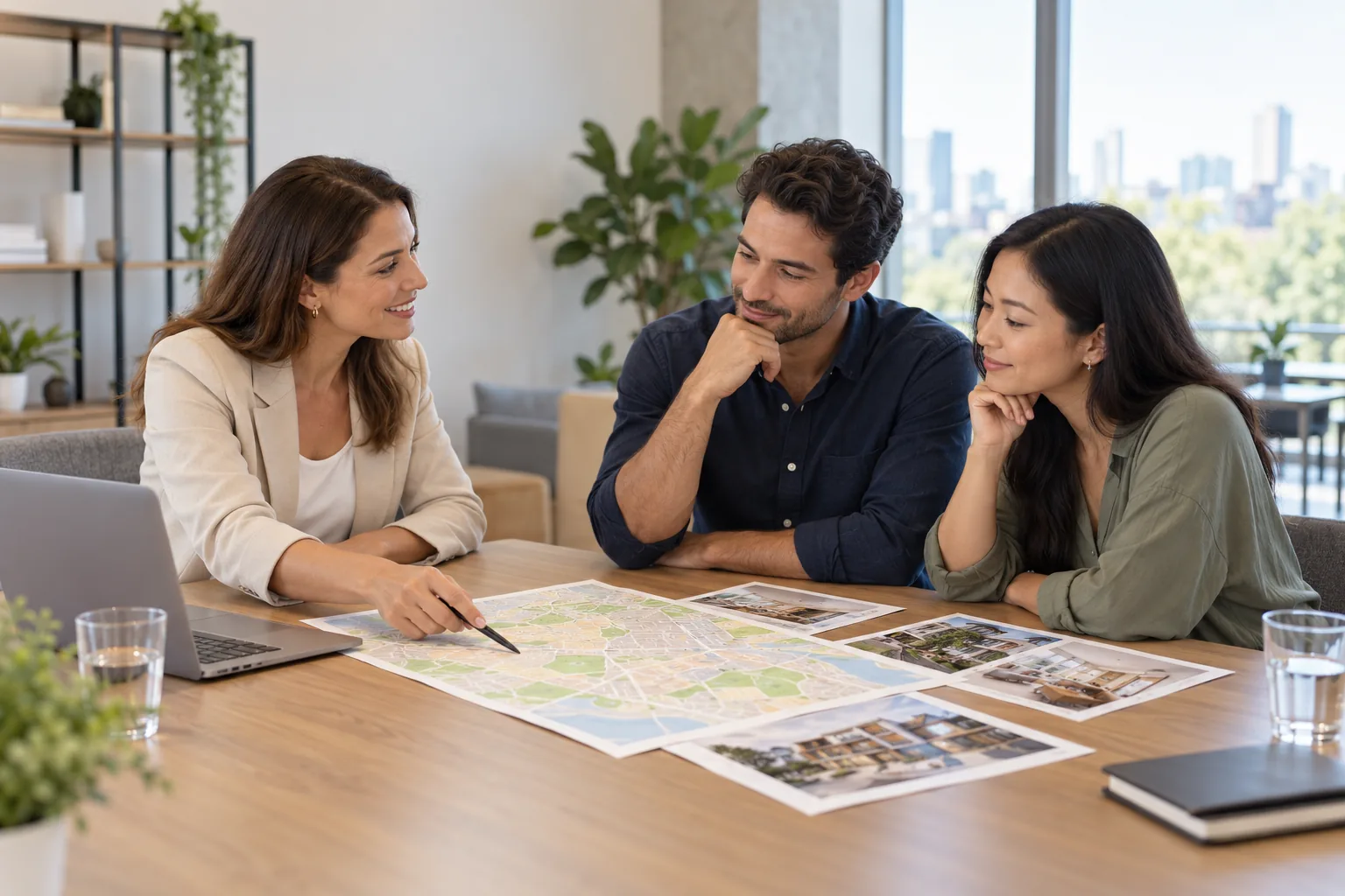 A relocation consultant reviewing neighborhoods with transferees